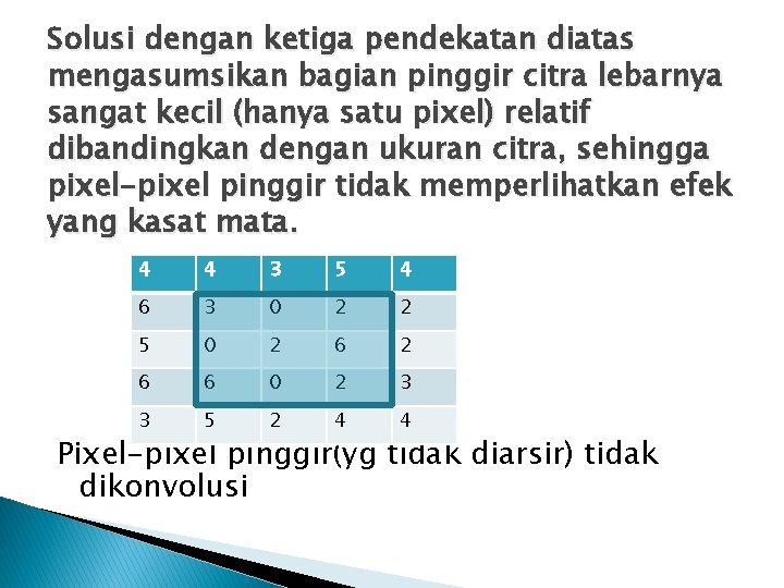 Solusi dengan ketiga pendekatan diatas mengasumsikan bagian pinggir citra lebarnya sangat kecil (hanya satu