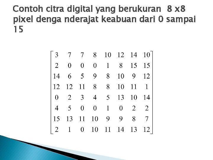 Contoh citra digital yang berukuran 8 x 8 pixel denga nderajat keabuan dari 0