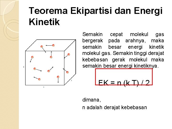 Teorema Ekipartisi dan Energi Kinetik Semakin cepat molekul gas bergerak pada arahnya, maka semakin