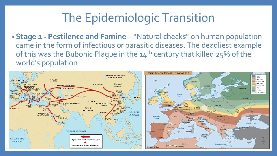 The Epidemiologic Transition • Stage 1 - Pestilence and Famine – “Natural checks” on