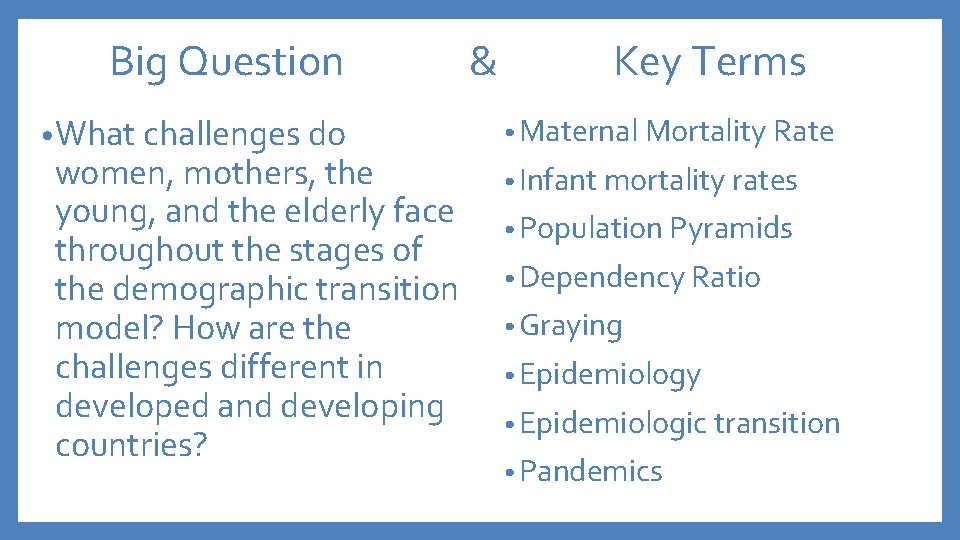 Big Question • What challenges do women, mothers, the young, and the elderly face