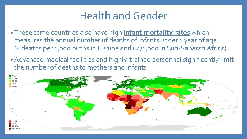 Health and Gender • These same countries also have high infant mortality rates which