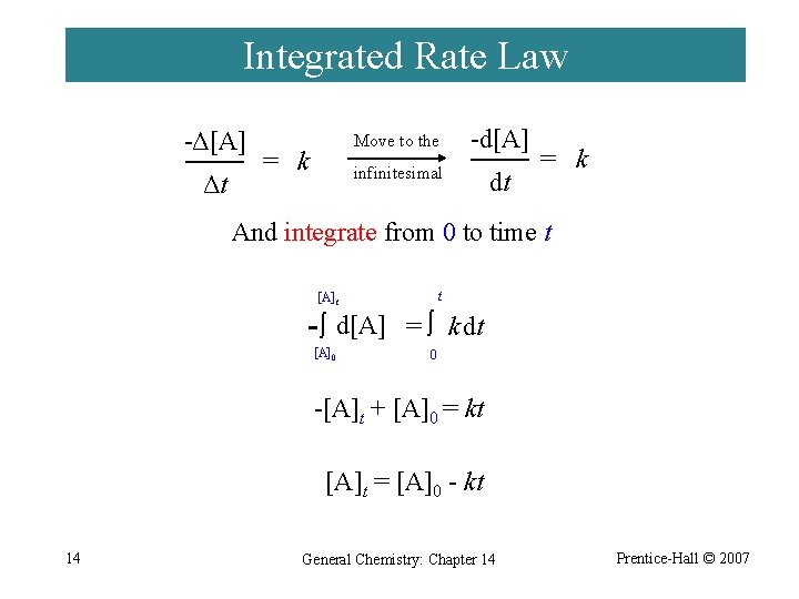 Integrated Rate Law -Δ[A] Δt = k Move to the -d[A] infinitesimal dt =