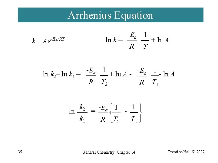 Arrhenius Equation k= ln R T + ln A -Ea 1 ln k 2–