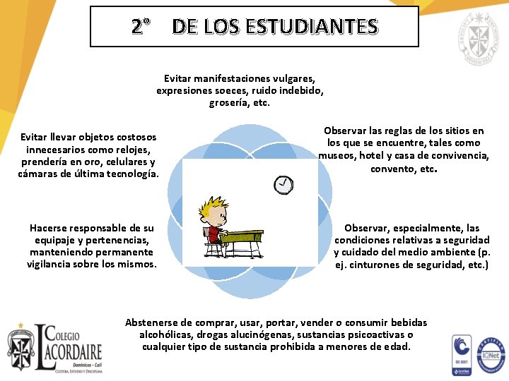 2° DE LOS ESTUDIANTES Evitar manifestaciones vulgares, expresiones soeces, ruido indebido, grosería, etc. Evitar