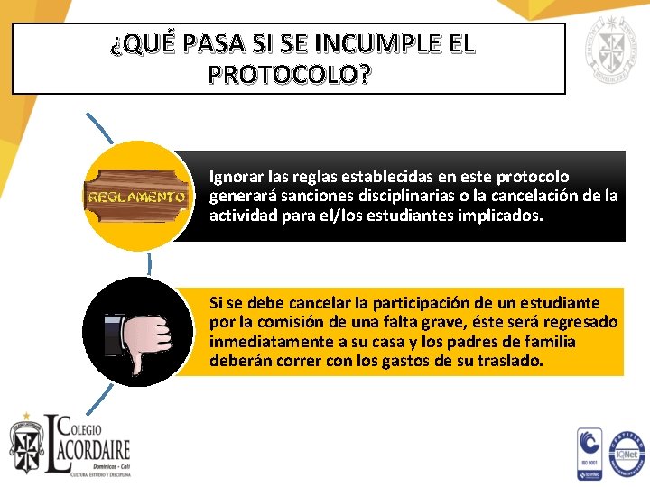 ¿QUÉ PASA SI SE INCUMPLE EL PROTOCOLO? Ignorar las reglas establecidas en este protocolo