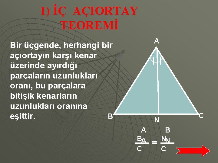 1) İÇ AÇIORTAY TEOREMİ A Bir üçgende, herhangi bir açıortayın karşı kenar üzerinde ayırdığı
