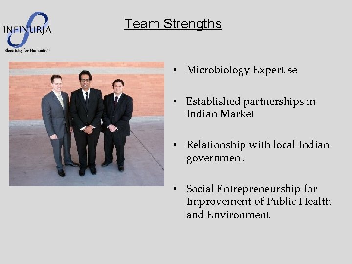 Team Strengths • Microbiology Expertise • Established partnerships in Indian Market • Relationship with