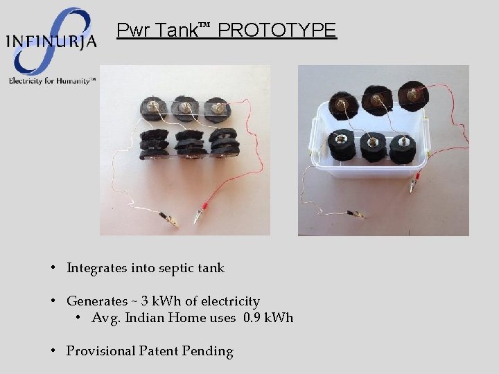 Pwr Tank™ PROTOTYPE • Integrates into septic tank • Generates ~ 3 k. Wh