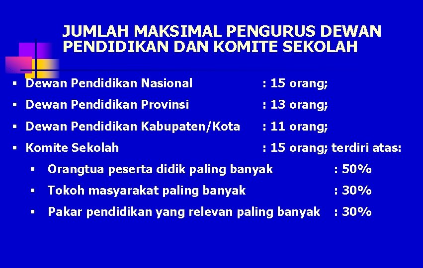 JUMLAH MAKSIMAL PENGURUS DEWAN PENDIDIKAN DAN KOMITE SEKOLAH § Dewan Pendidikan Nasional : 15