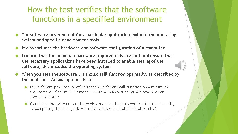 How the test verifies that the software functions in a specified environment The software