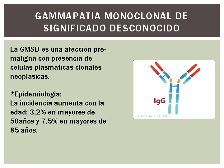 GAMMAPATIA MONOCLONAL DE SIGNIFICADO DESCONOCIDO La GMSD es una afeccion premaligna con presencia de GAMMAPATIA MONOCLONAL DE SIGNIFICADO DESCONOCIDO La GMSD es una afeccion premaligna con presencia de