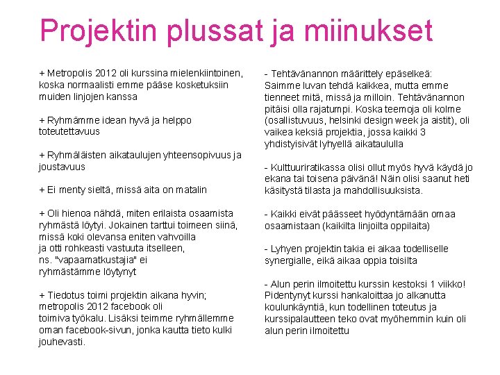 Projektin plussat ja miinukset + Metropolis 2012 oli kurssina mielenkiintoinen, koska normaalisti emme pääse