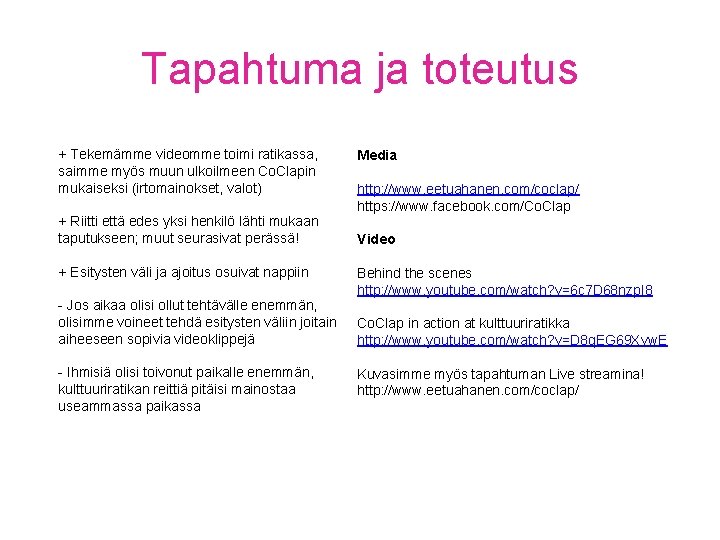 Tapahtuma ja toteutus + Tekemämme videomme toimi ratikassa, saimme myös muun ulkoilmeen Co. Clapin