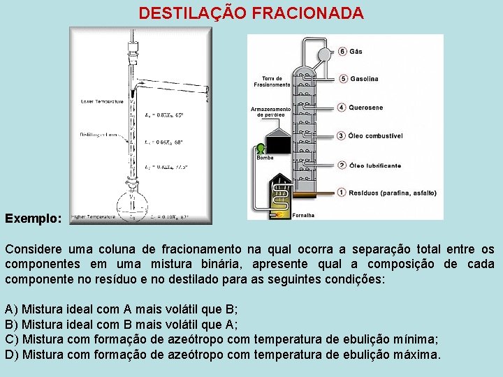 DESTILAÇÃO FRACIONADA Exemplo: Considere uma coluna de fracionamento na qual ocorra a separação total