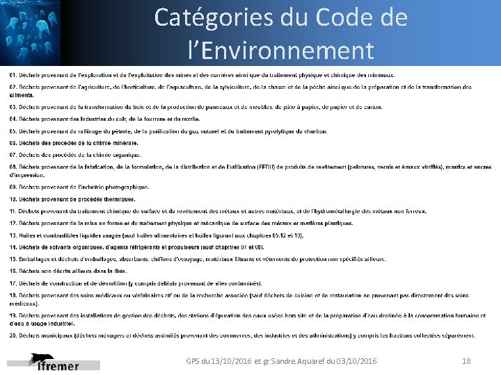 Catégories du Code de l’Environnement GPS du 13/10/2016 et gr. Sandre. Aquaref du 03/10/2016
