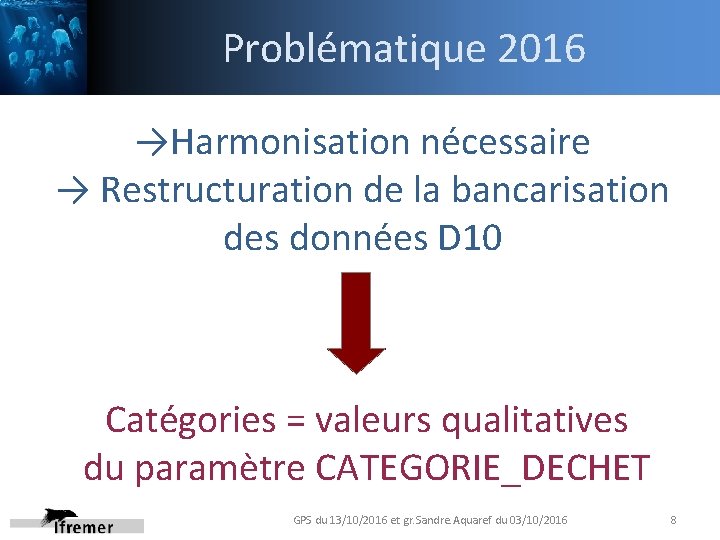 Problématique 2016 →Harmonisation nécessaire → Restructuration de la bancarisation des données D 10 Catégories