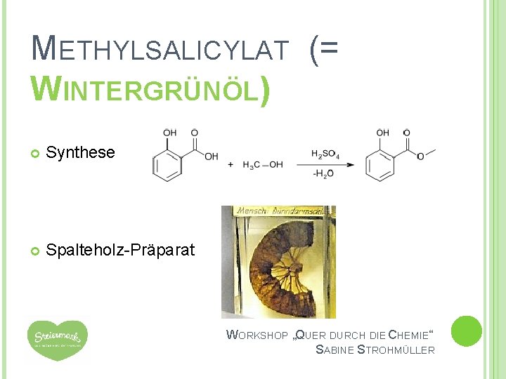 METHYLSALICYLAT (= WINTERGRÜNÖL) Synthese Spalteholz-Präparat WORKSHOP „QUER DURCH DIE CHEMIE“ SABINE STROHMÜLLER 