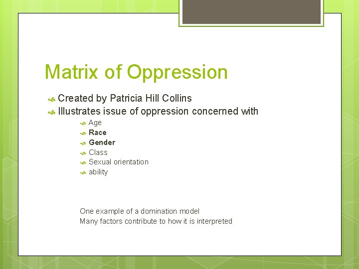 Matrix of Oppression Created by Patricia Hill Collins Illustrates issue of oppression concerned with