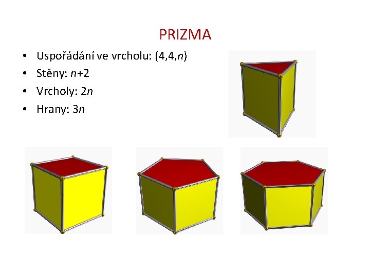 PRIZMA • • Uspořádání ve vrcholu: (4, 4, n) Stěny: n+2 Vrcholy: 2 n