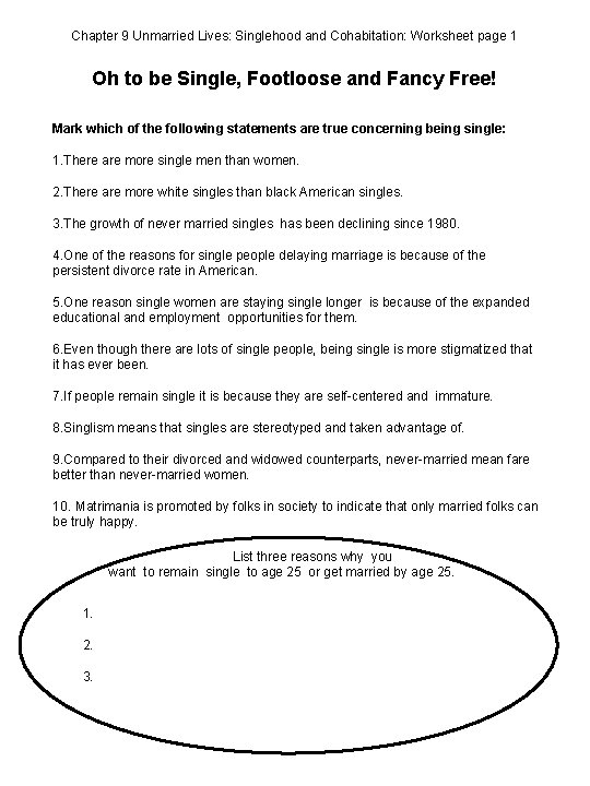 Chapter 9 Unmarried Lives: Singlehood and Cohabitation: Worksheet page 1 Oh to be Single,