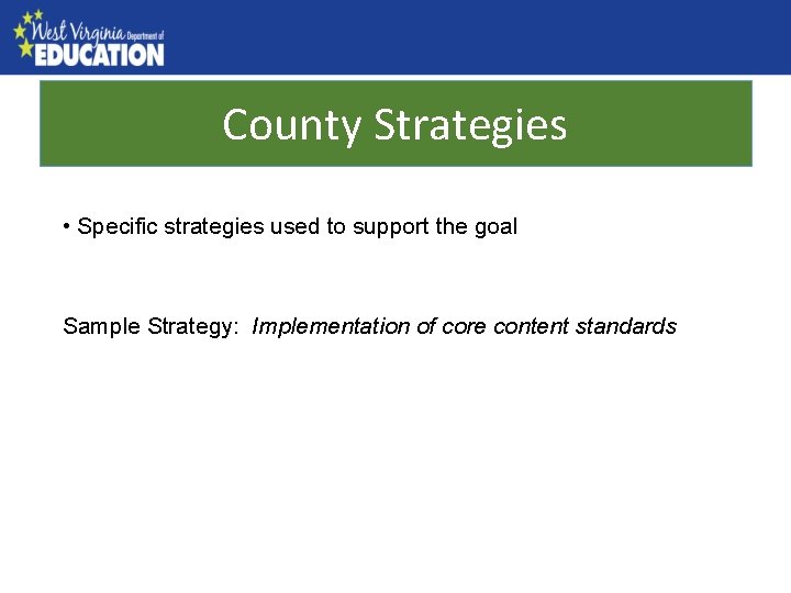 County Strategies County Needs Assessment • Specific strategies used to support the goal Sample