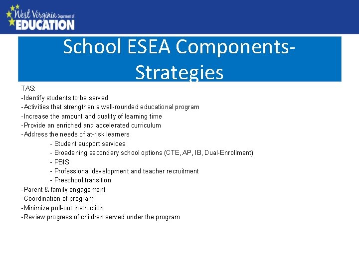 School ESEA Components. County Needs Assessment Strategies TAS: -Identify students to be served -Activities