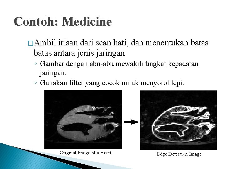 Contoh: Medicine � Ambil irisan dari scan hati, dan menentukan batas antara jenis jaringan Contoh: Medicine � Ambil irisan dari scan hati, dan menentukan batas antara jenis jaringan