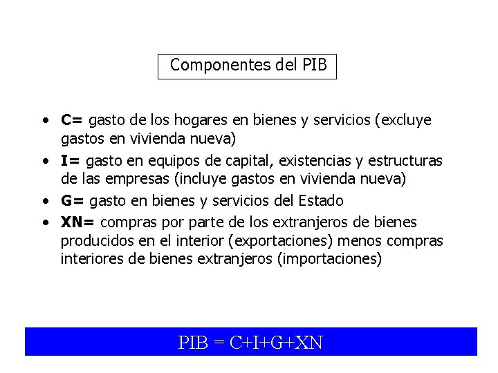 Componentes del PIB • C= gasto de los hogares en bienes y servicios (excluye