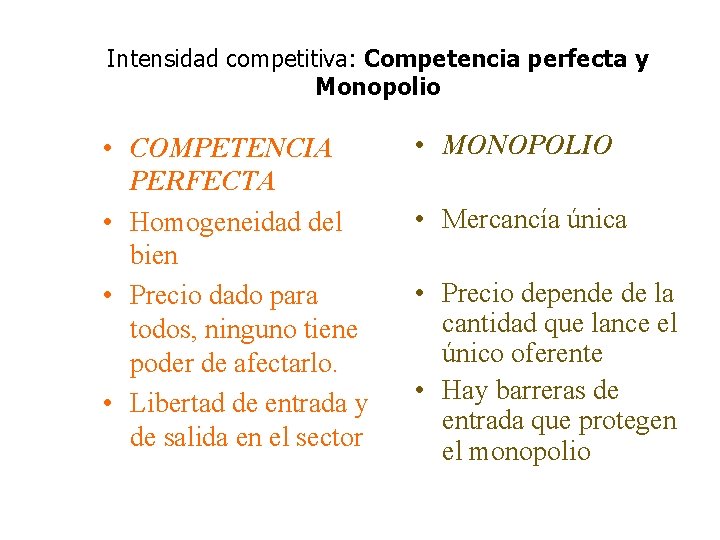 Intensidad competitiva: Competencia perfecta y Monopolio • COMPETENCIA PERFECTA • Homogeneidad del bien •