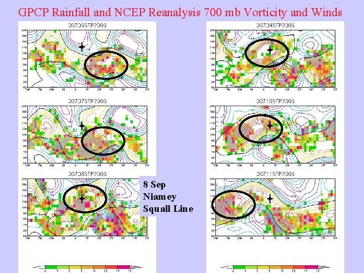 GPCP Rainfall and NCEP Reanalysis 700 mb Vorticity and Winds 8 Sep Niamey Squall