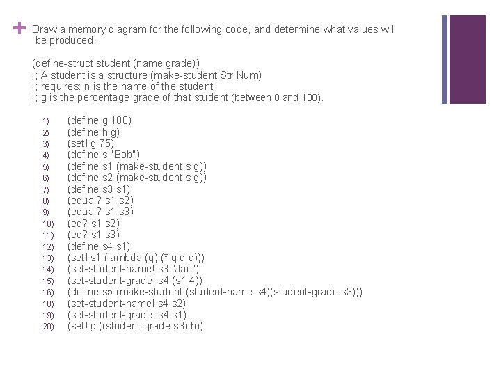 a memory diagram for the following code, and determine what values will + Draw