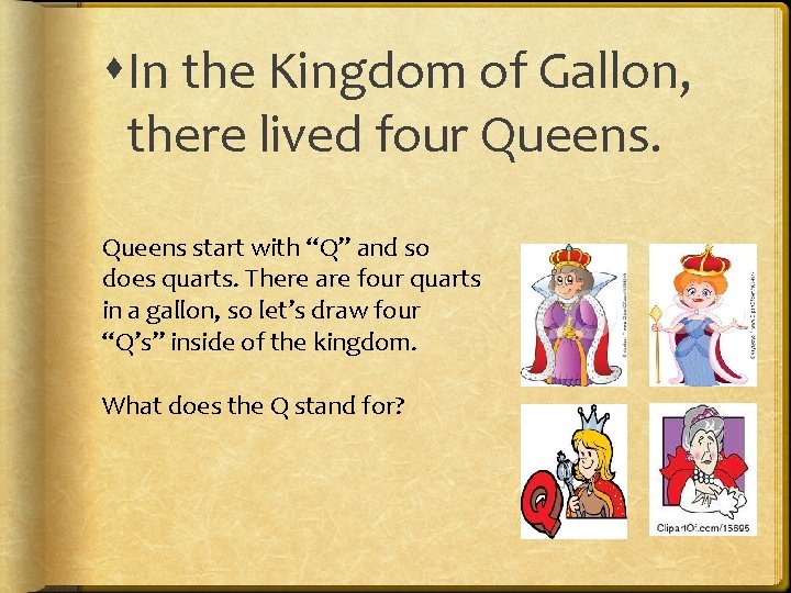  In the Kingdom of Gallon, there lived four Queens start with “Q” and