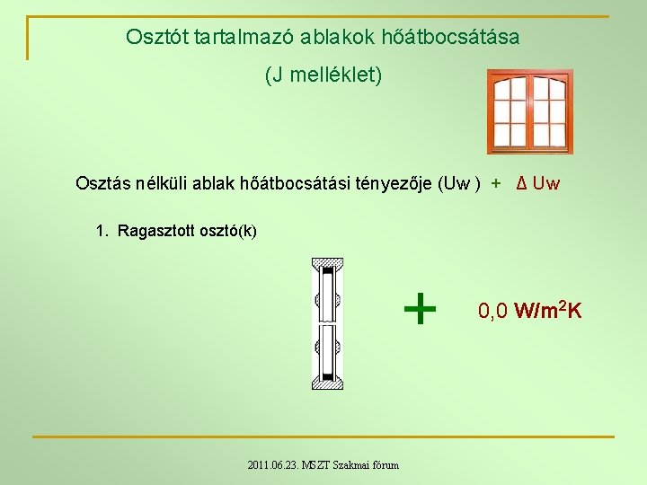Osztót tartalmazó ablakok hőátbocsátása (J melléklet) Osztás nélküli ablak hőátbocsátási tényezője (Uw ) + Osztót tartalmazó ablakok hőátbocsátása (J melléklet) Osztás nélküli ablak hőátbocsátási tényezője (Uw ) +