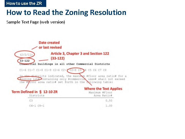 How to use the ZR How to Read the Zoning Resolution Sample Text Page How to use the ZR How to Read the Zoning Resolution Sample Text Page
