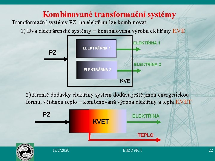 Kombinované transformační systémy Transformační systémy PZ na elektřinu lze kombinovat: 1) Dva elektrárenské systémy