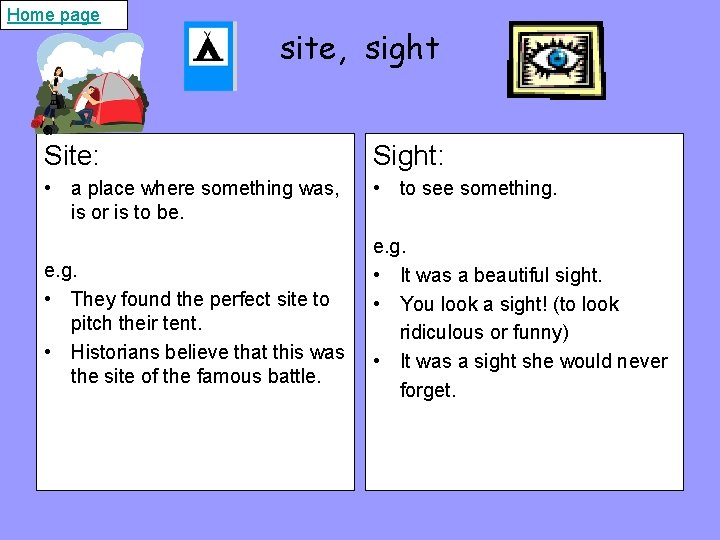 Home page site, sight Site: Sight: • a place where something was, is or