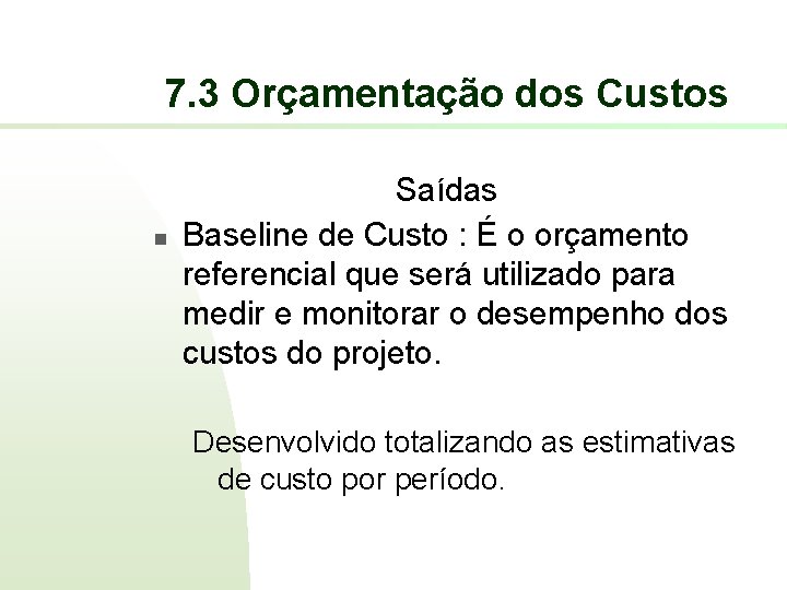 7. 3 Orçamentação dos Custos n Saídas Baseline de Custo : É o orçamento