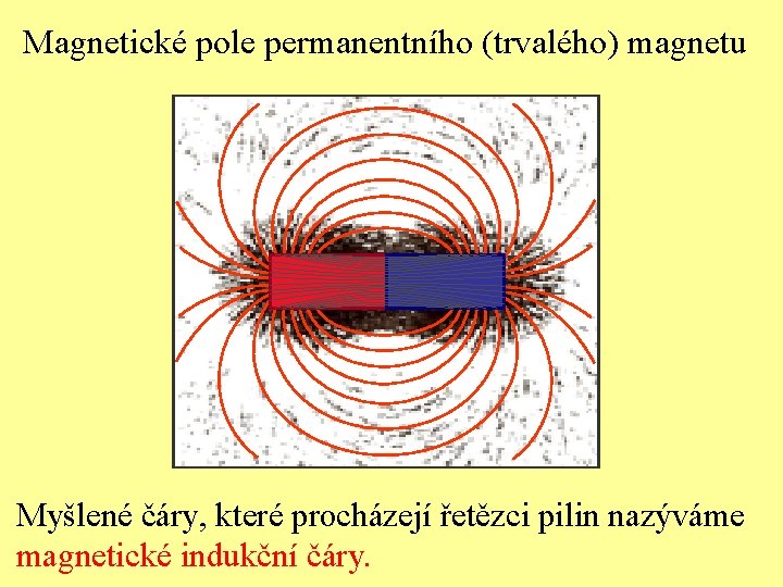 Magnetické pole permanentního (trvalého) magnetu Myšlené čáry, které procházejí řetězci pilin nazýváme magnetické indukční