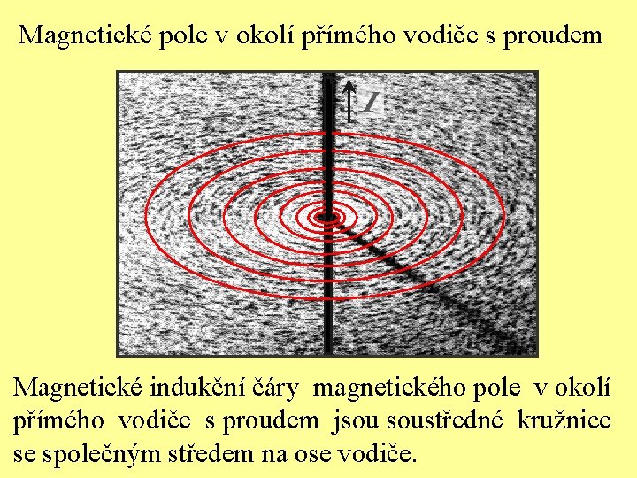Magnetické pole v okolí přímého vodiče s proudem Magnetické indukční čáry magnetického pole v