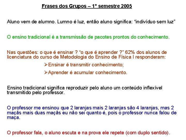 Frases dos Grupos – 1° semestre 2005 Aluno vem de alumno. Lumno é luz,