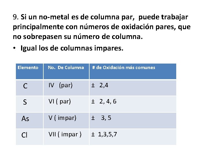 9. Si un no-metal es de columna par, puede trabajar principalmente con números de