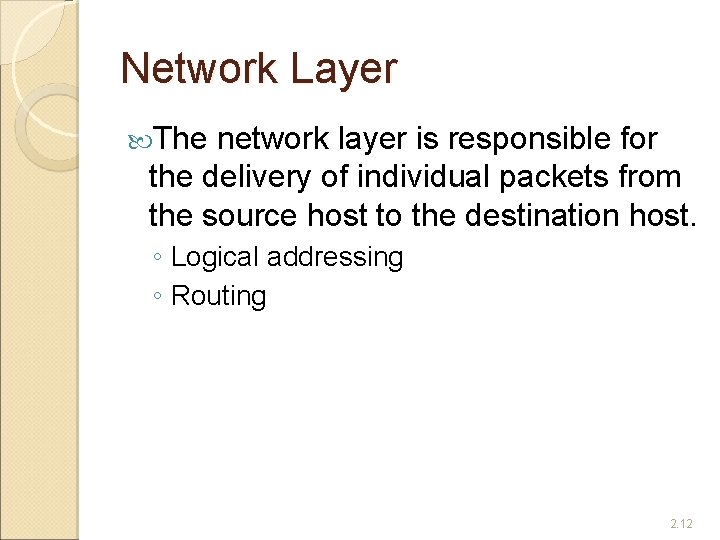 Network Layer The network layer is responsible for the delivery of individual packets from
