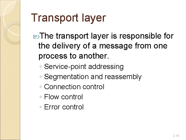 Transport layer The transport layer is responsible for the delivery of a message from