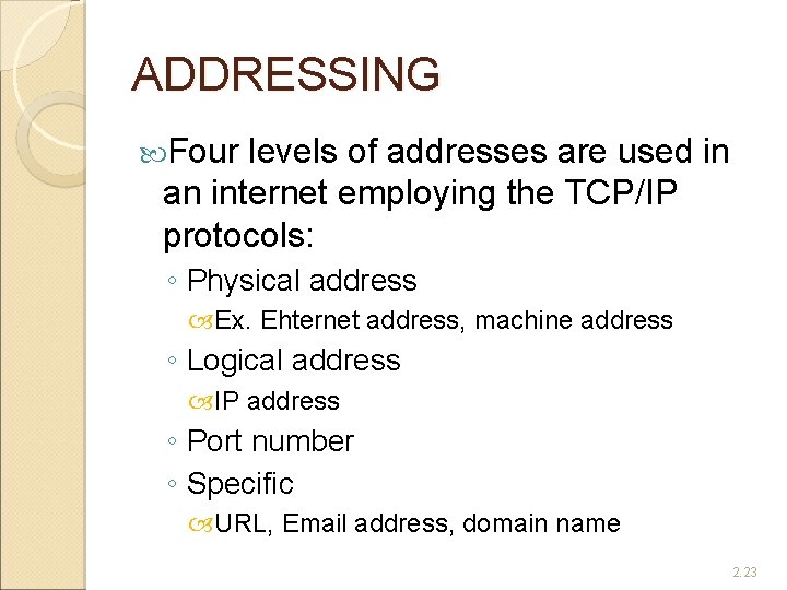 ADDRESSING Four levels of addresses are used in an internet employing the TCP/IP protocols: