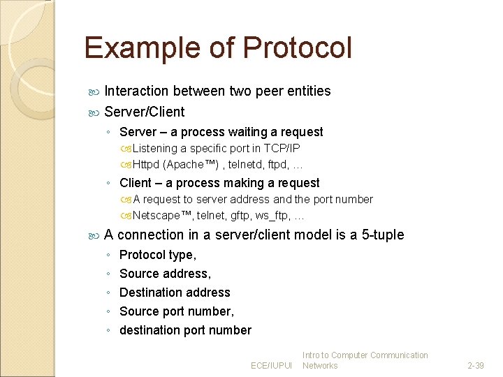 Example of Protocol Interaction between two peer entities Server/Client ◦ Server – a process