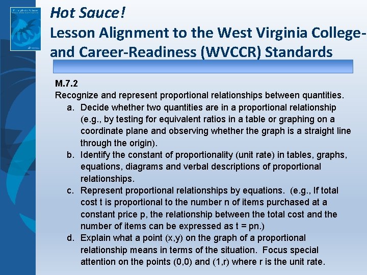 Hot Sauce! Lesson Alignment to the West Virginia Collegeand Career-Readiness (WVCCR) Standards M. 7.