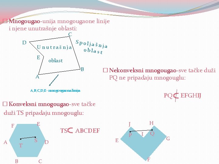 � Mnogougao-unija mnogougaone linije i njene unutrašnje oblasti: C D Spolja šnja Unutrašnja oblast