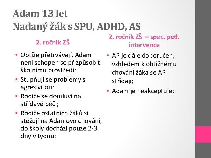 Adam 13 let Nadaný žák s SPU, ADHD, AS 2. ročník ZŠ – spec.