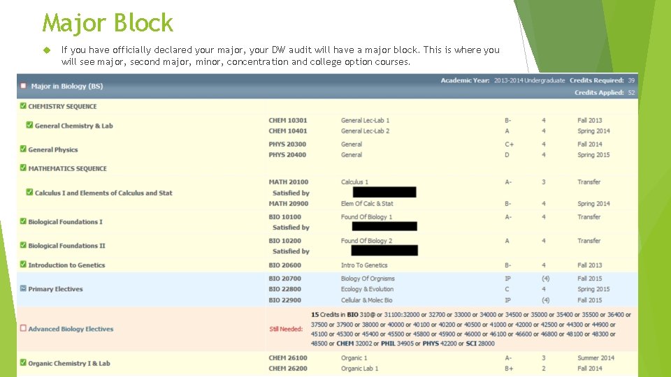 Major Block If you have officially declared your major, your DW audit will have